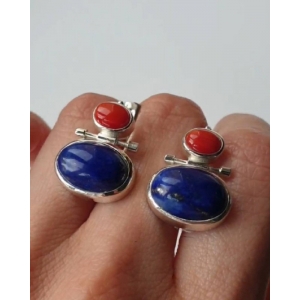 Серьги серебряные с лазуритом и кораллом