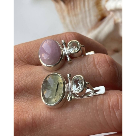 Серьги серебряные с пренитом, кунцитом и празиолитом